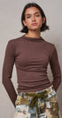 Mock Neck Long Sleeve Ribbed Knit Top in Brown - Women's T-Shirts & Polos | Urban Daizy
