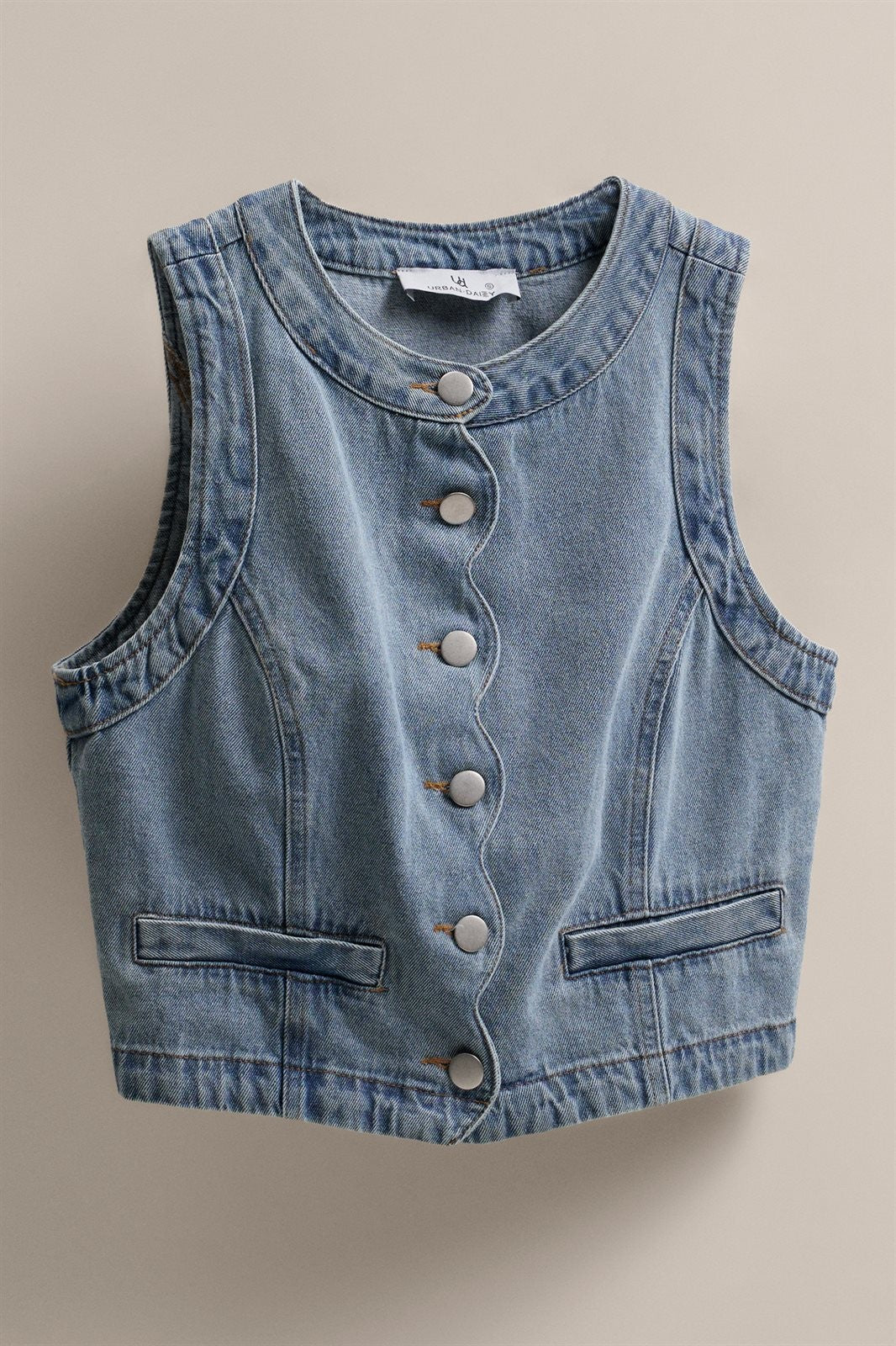 Cropped Vintage Wash Denim Vest with Scalloped Buttons in Denim - Women's Fashion | Urban Daizy