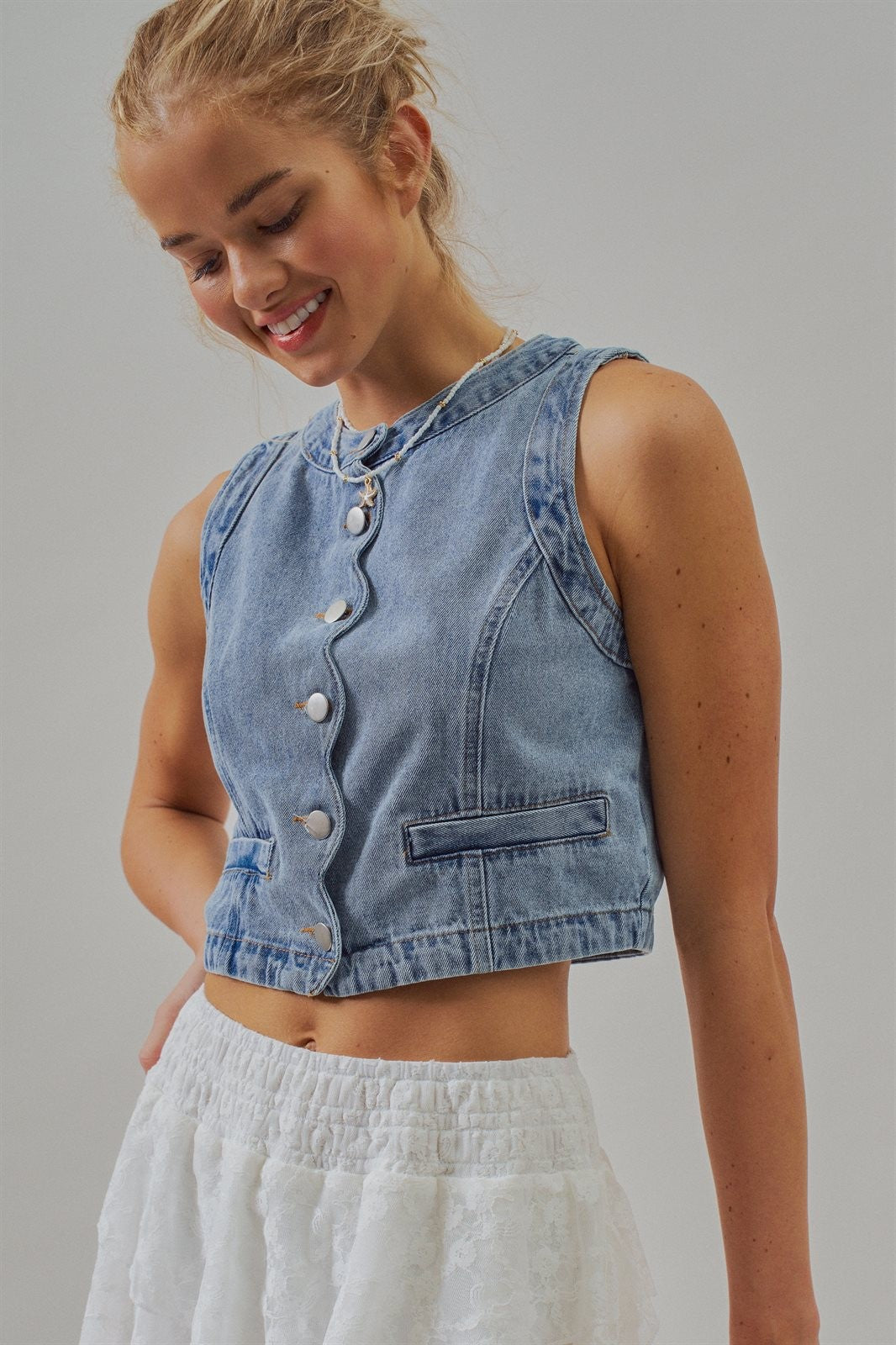 Cropped Vintage Wash Denim Vest with Scalloped Buttons in Denim - Women's Fashion | Urban Daizy