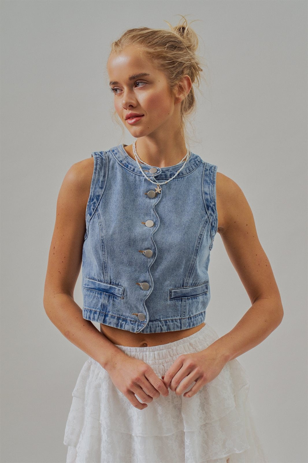 Cropped Vintage Wash Denim Vest with Scalloped Buttons in Denim - Women's Fashion | Urban Daizy