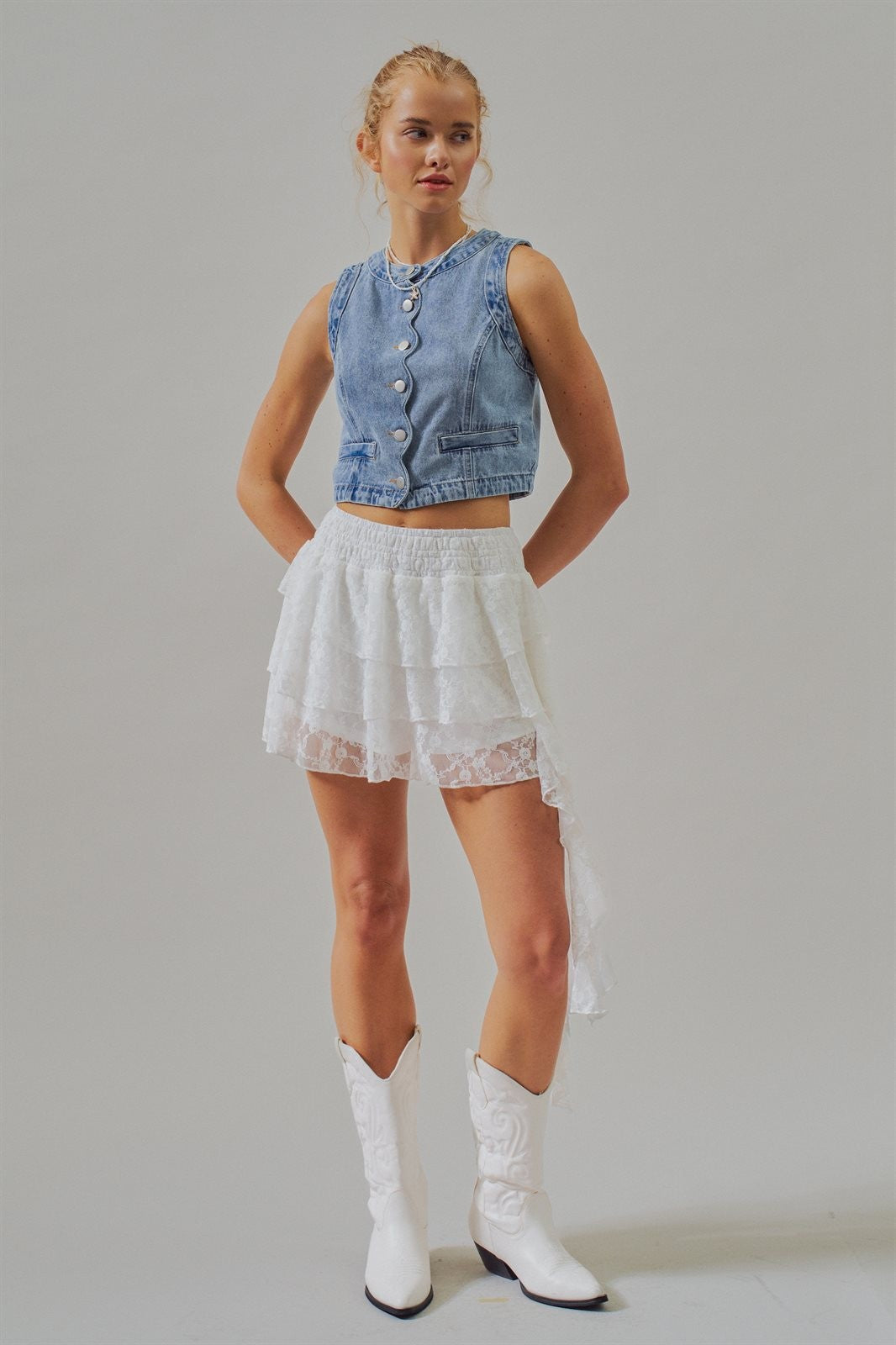 Cropped Vintage Wash Denim Vest with Scalloped Buttons in Denim - Women's Fashion | Urban Daizy