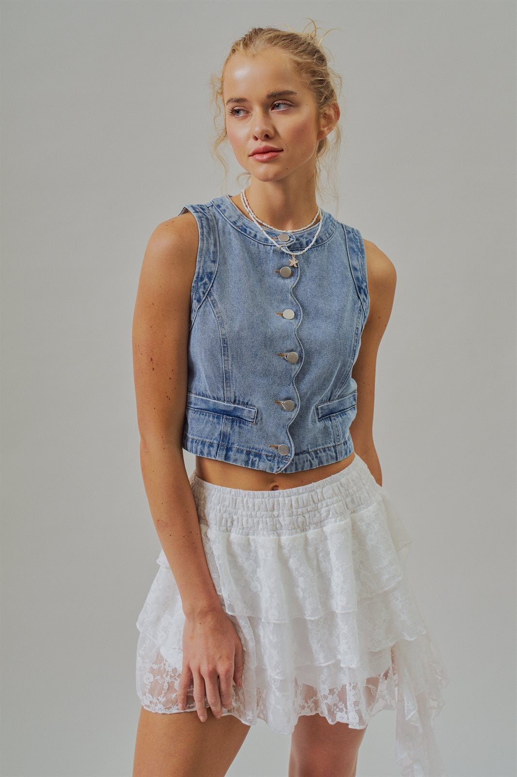Cropped Vintage Wash Denim Vest with Scalloped Buttons in Denim - Women's Fashion | Urban Daizy