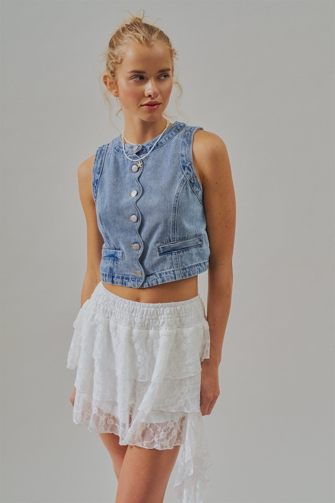 Cropped Vintage Wash Denim Vest with Scalloped Buttons in Denim - Women's Fashion | Urban Daizy