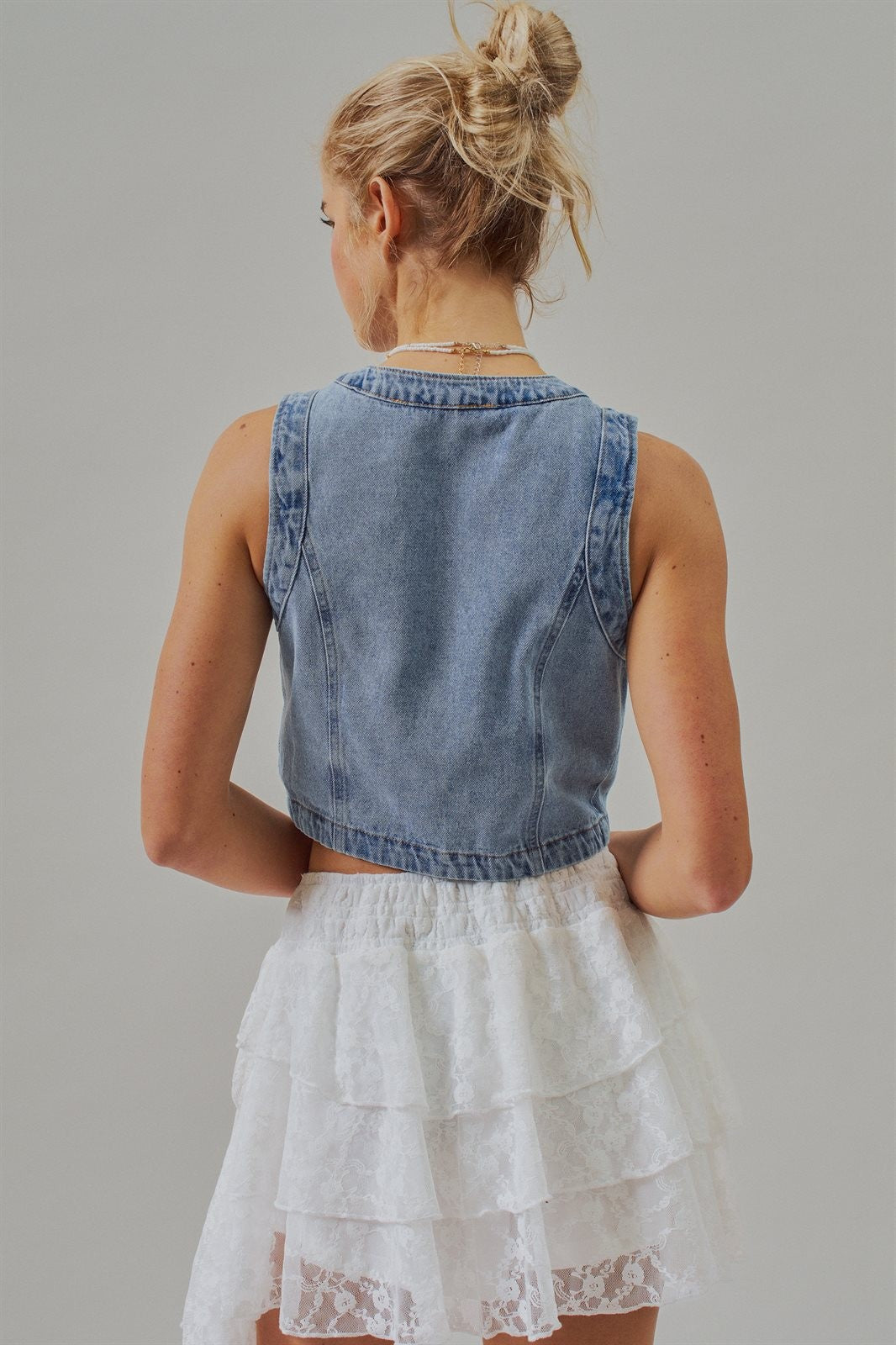 Cropped Vintage Wash Denim Vest with Scalloped Buttons in Denim - Women's Fashion | Urban Daizy