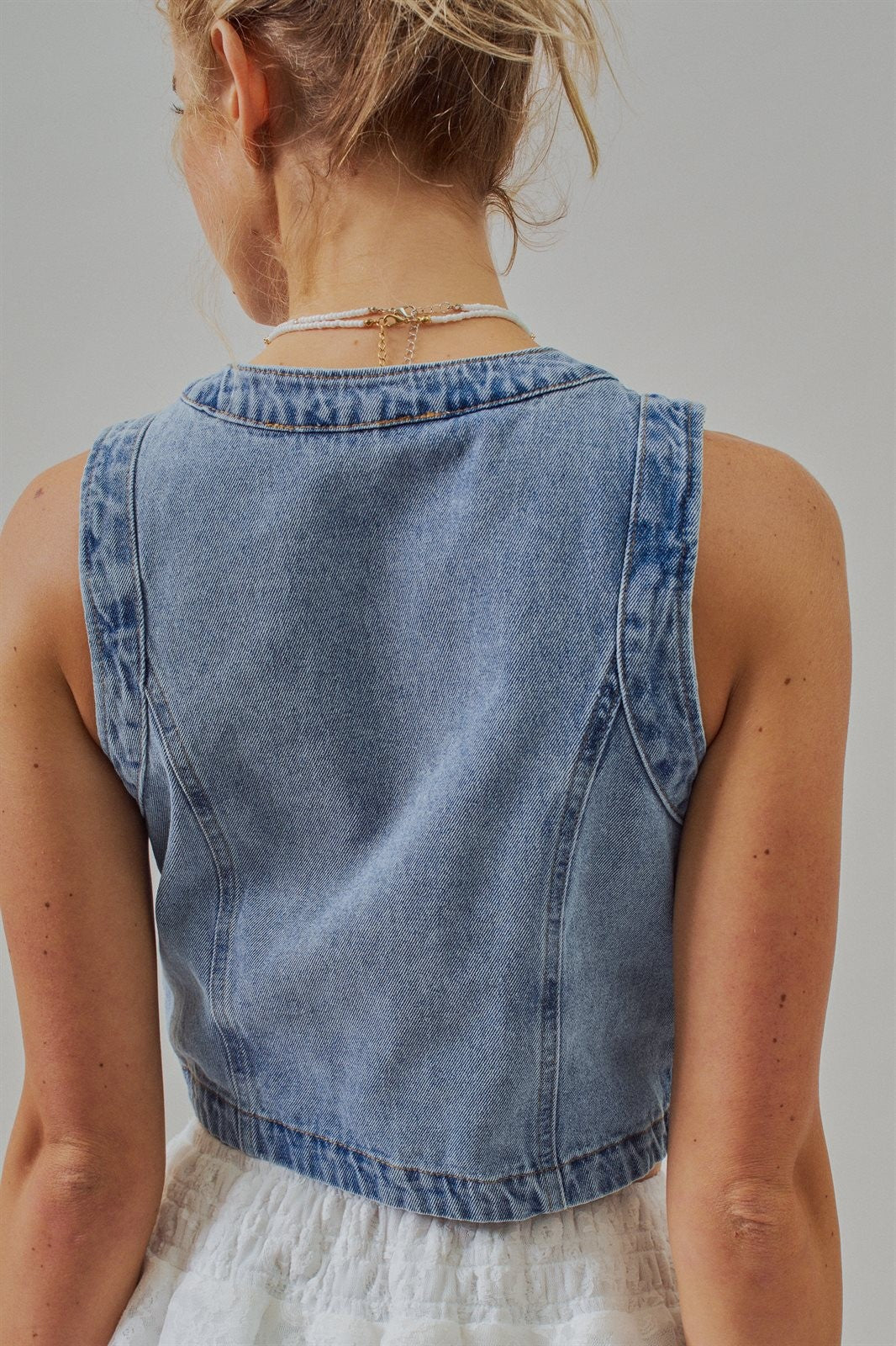 Cropped Vintage Wash Denim Vest with Scalloped Buttons in Denim - Women's Fashion | Urban Daizy