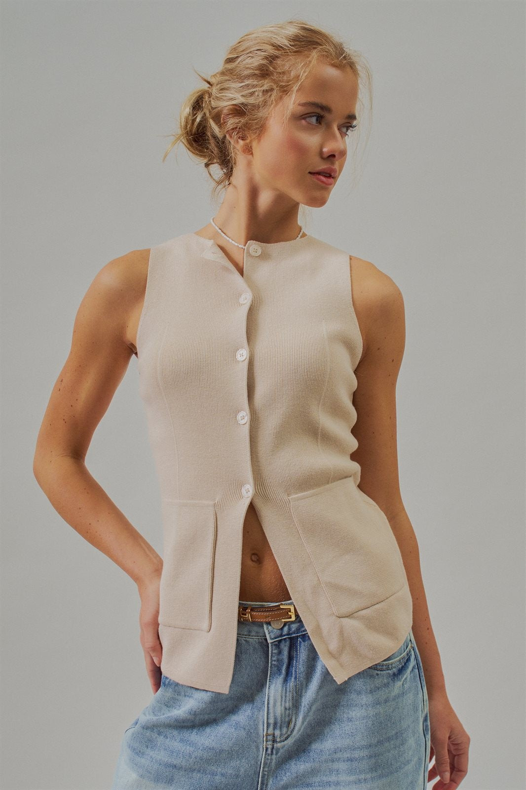Cotton Knit Button-Front Sweater Vest with Pockets in Khaki - Women's Fashion | Urban Daizy