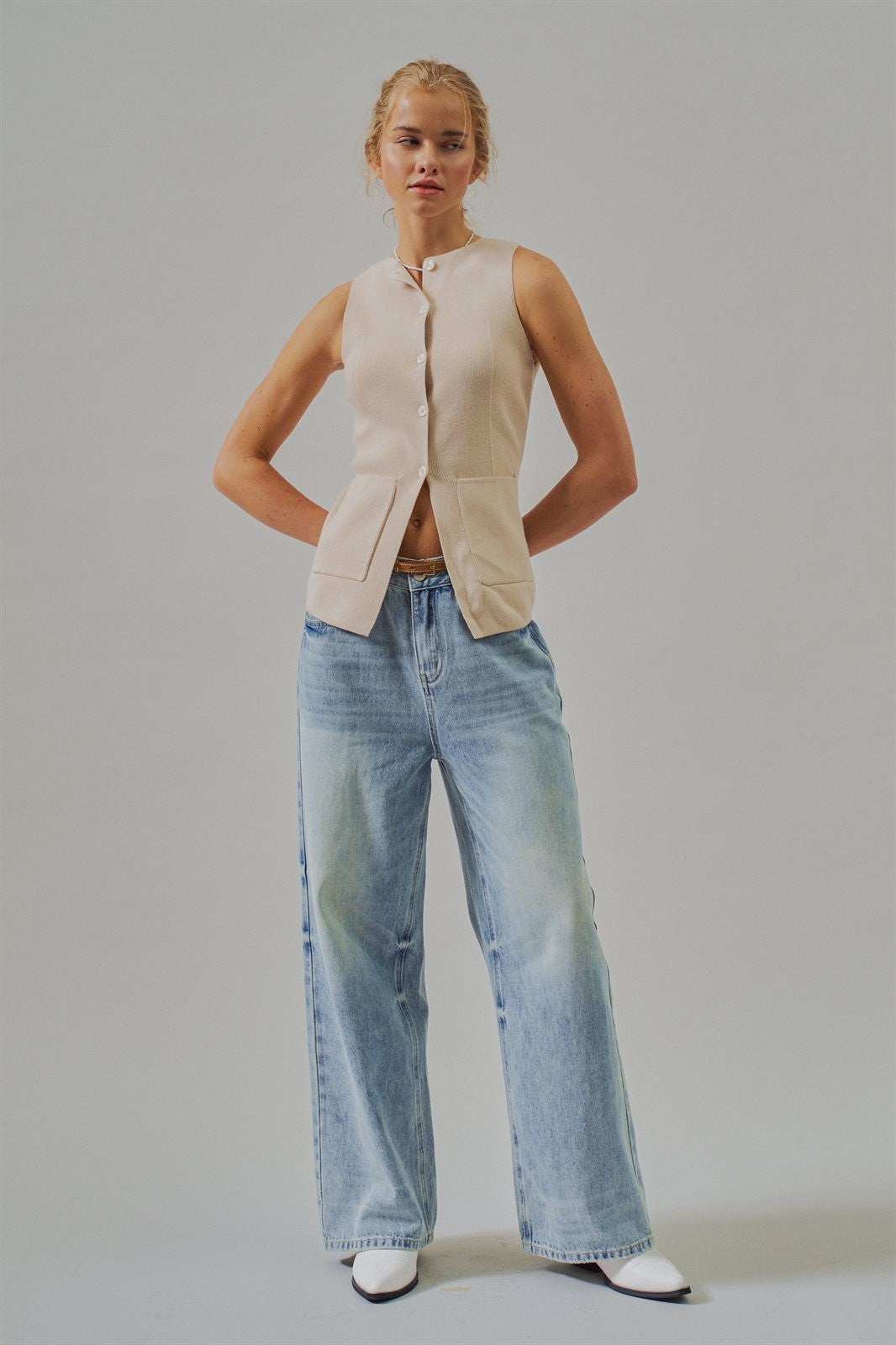 Cotton Knit Button-Front Sweater Vest with Pockets in Khaki - Women's Fashion | Urban Daizy