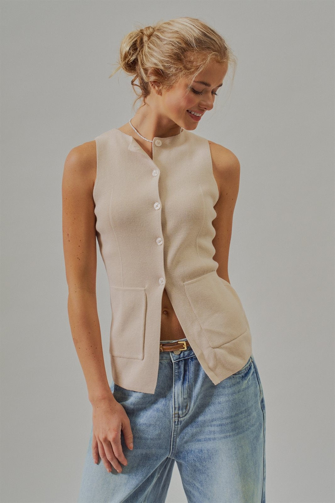 Cotton Knit Button-Front Sweater Vest with Pockets in Khaki - Women's Fashion | Urban Daizy