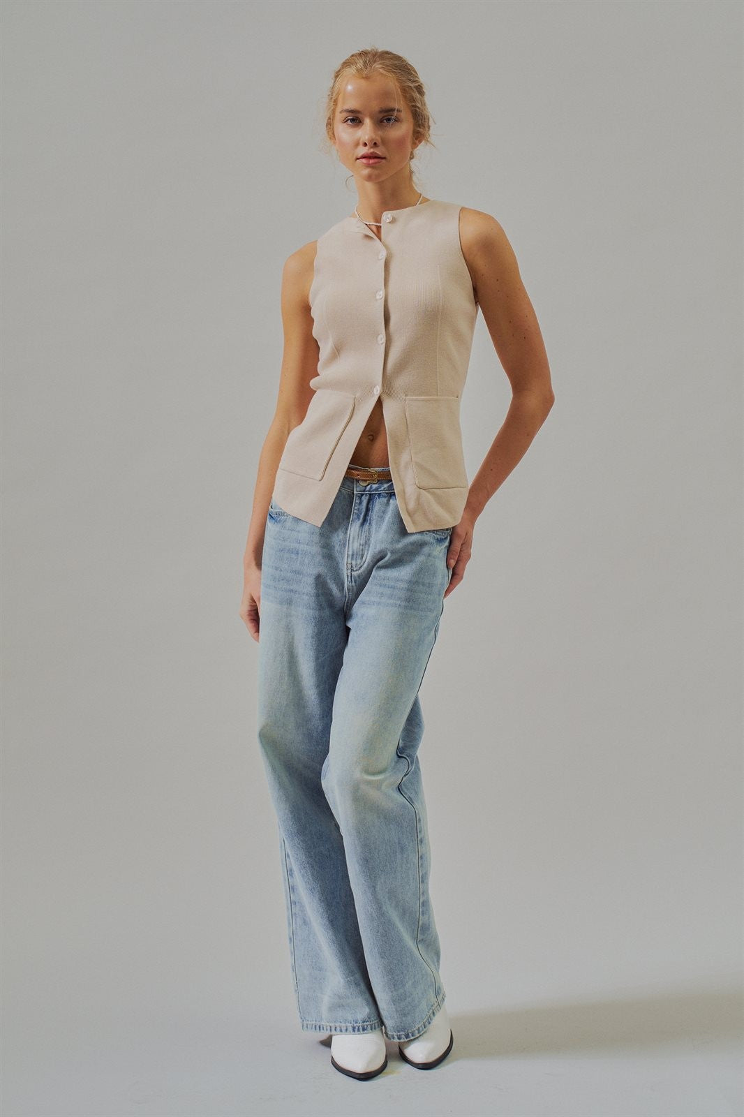 Cotton Knit Button-Front Sweater Vest with Pockets in Khaki - Women's Fashion | Urban Daizy