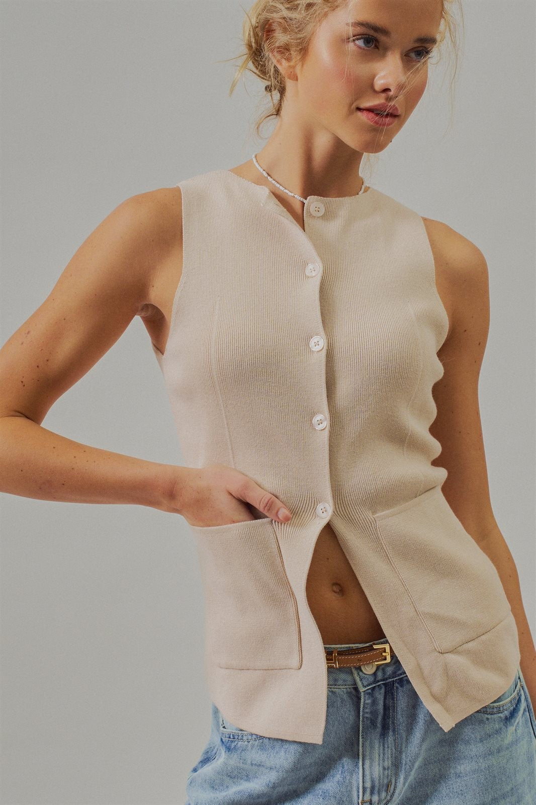 Cotton Knit Button-Front Sweater Vest with Pockets in Khaki - Women's Fashion | Urban Daizy