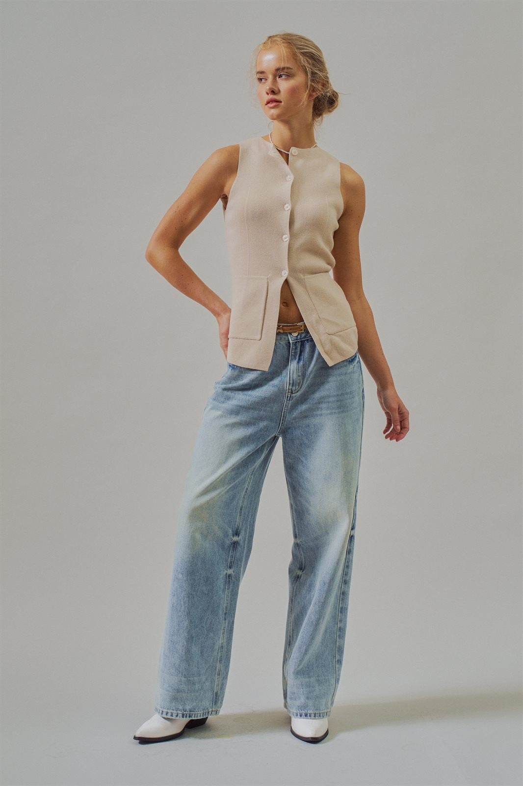 Cotton Knit Button-Front Sweater Vest with Pockets in Khaki - Women's Fashion | Urban Daizy
