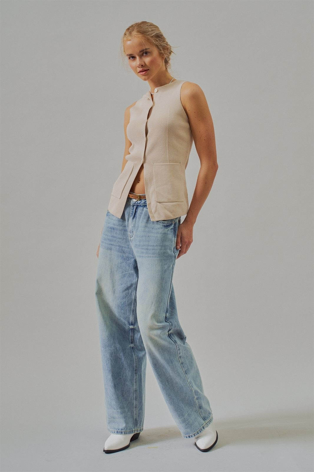 Cotton Knit Button-Front Sweater Vest with Pockets in Khaki - Women's Fashion | Urban Daizy