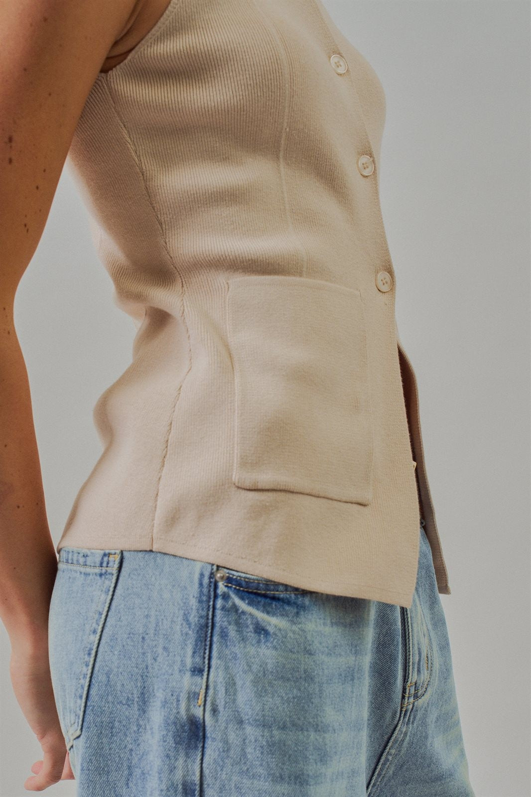 Cotton Knit Button-Front Sweater Vest with Pockets in Khaki - Women's Fashion | Urban Daizy