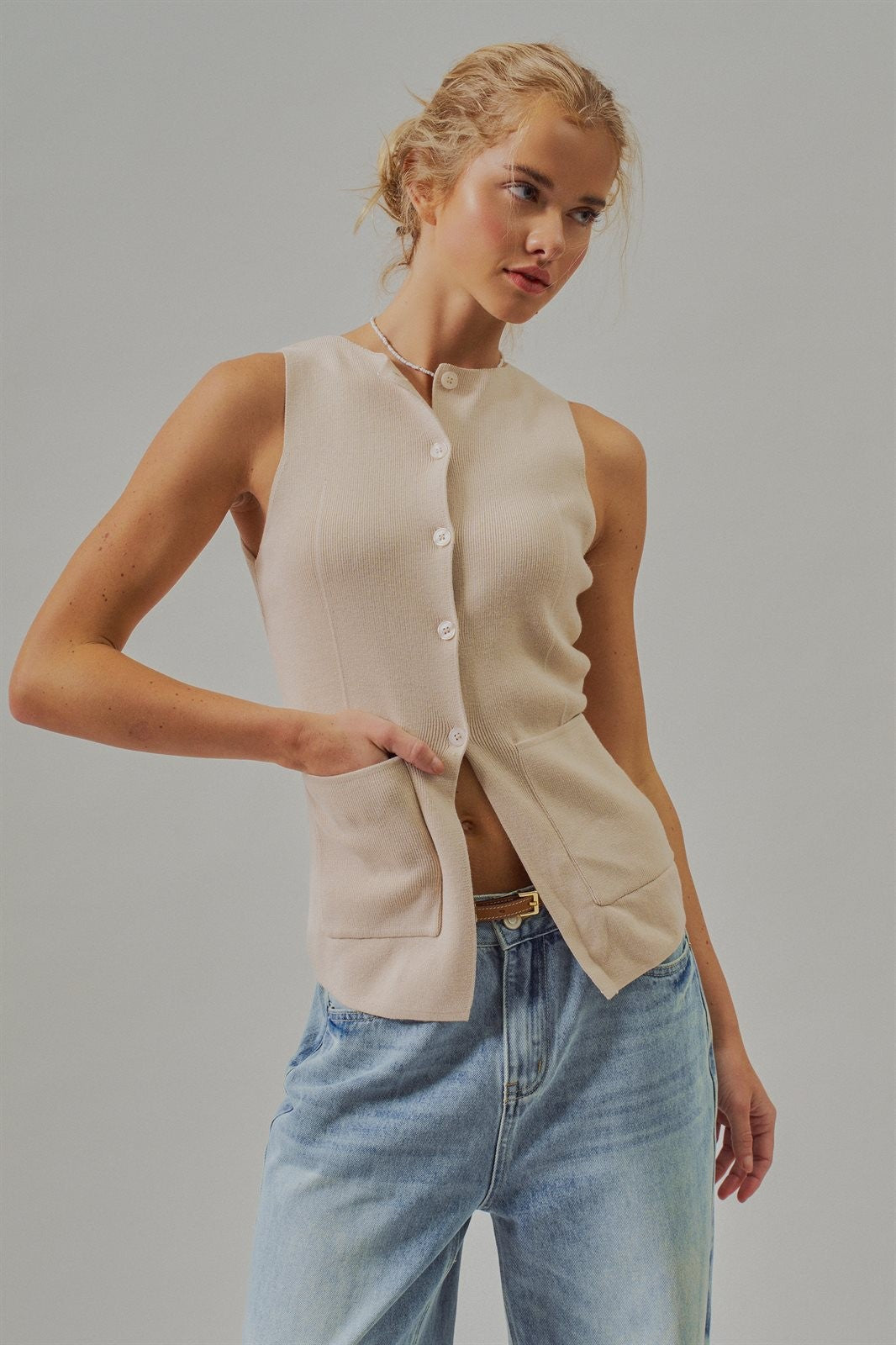 Cotton Knit Button-Front Sweater Vest with Pockets in Khaki - Women's Fashion | Urban Daizy