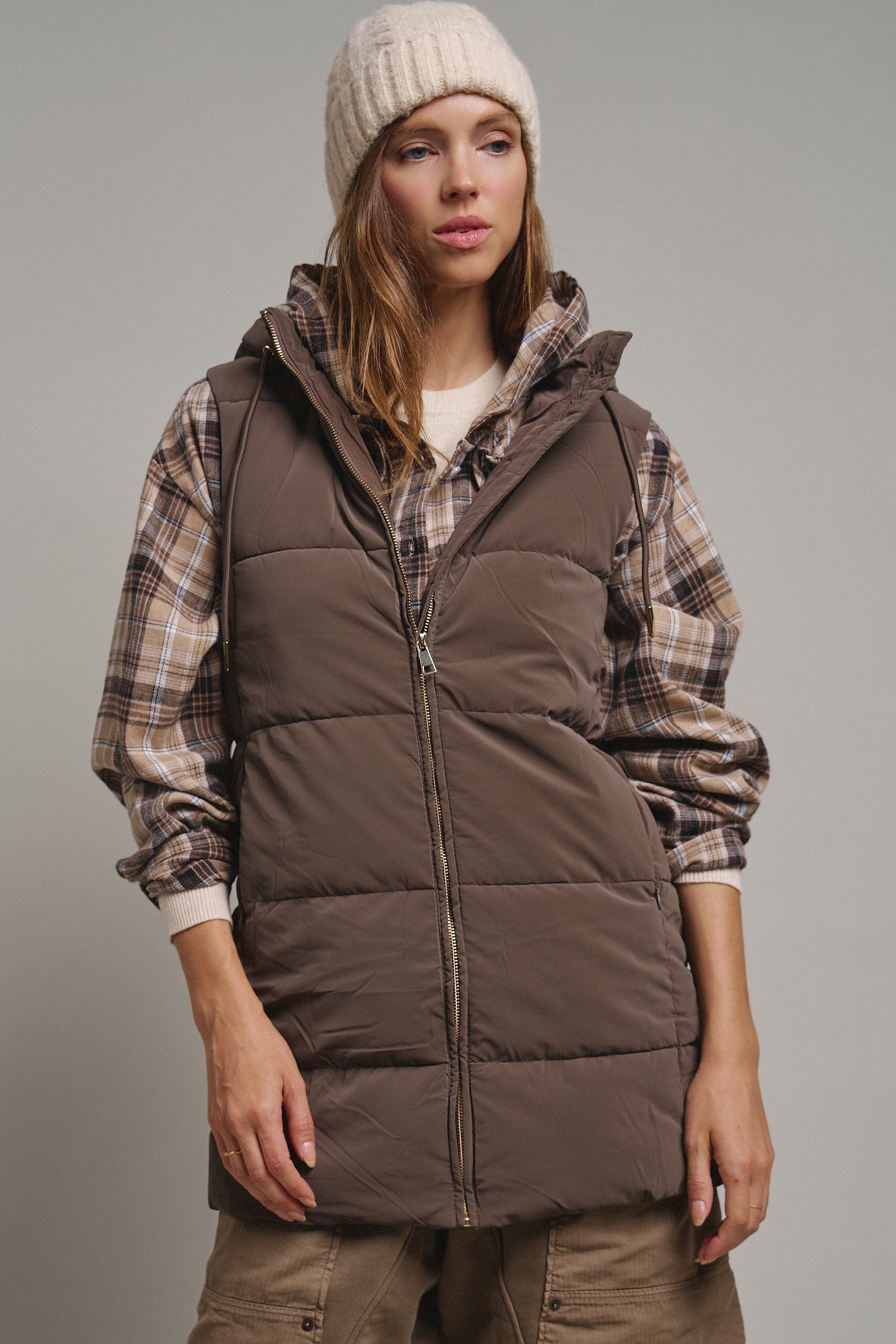 Cold Front Hooded Puffer Vest in Mocha - Women's Vests | Urban Daizy