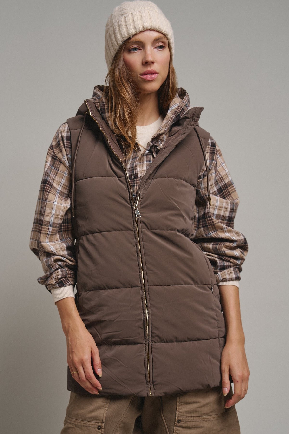 Cold Front Hooded Puffer Vest in Mocha - Women's Vests | Urban Daizy