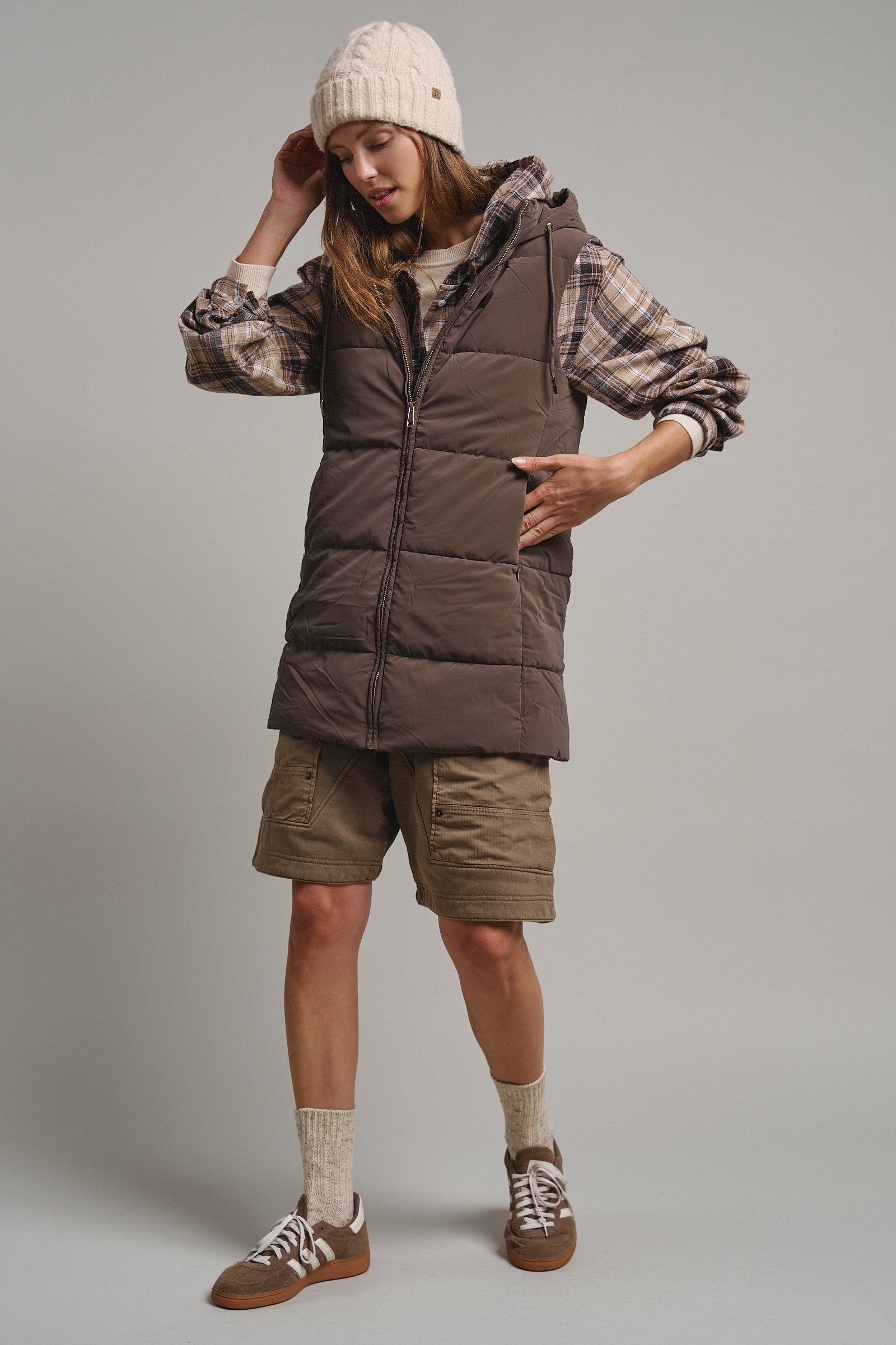 Cold Front Hooded Puffer Vest in Mocha - Women's Vests | Urban Daizy