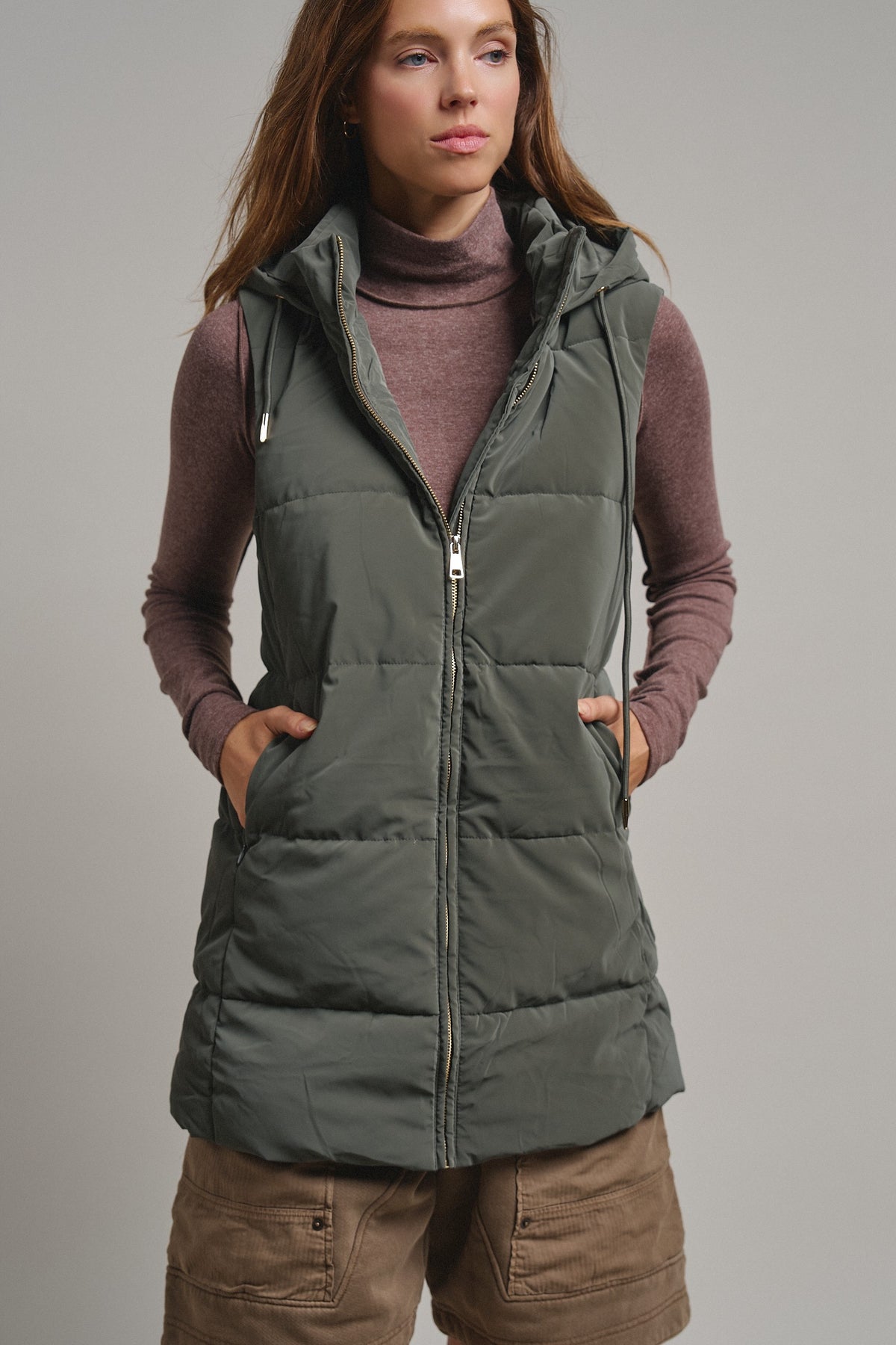 Cold Front Hooded Puffer Vest in Olive Stone - Women's Vests | Urban Daizy