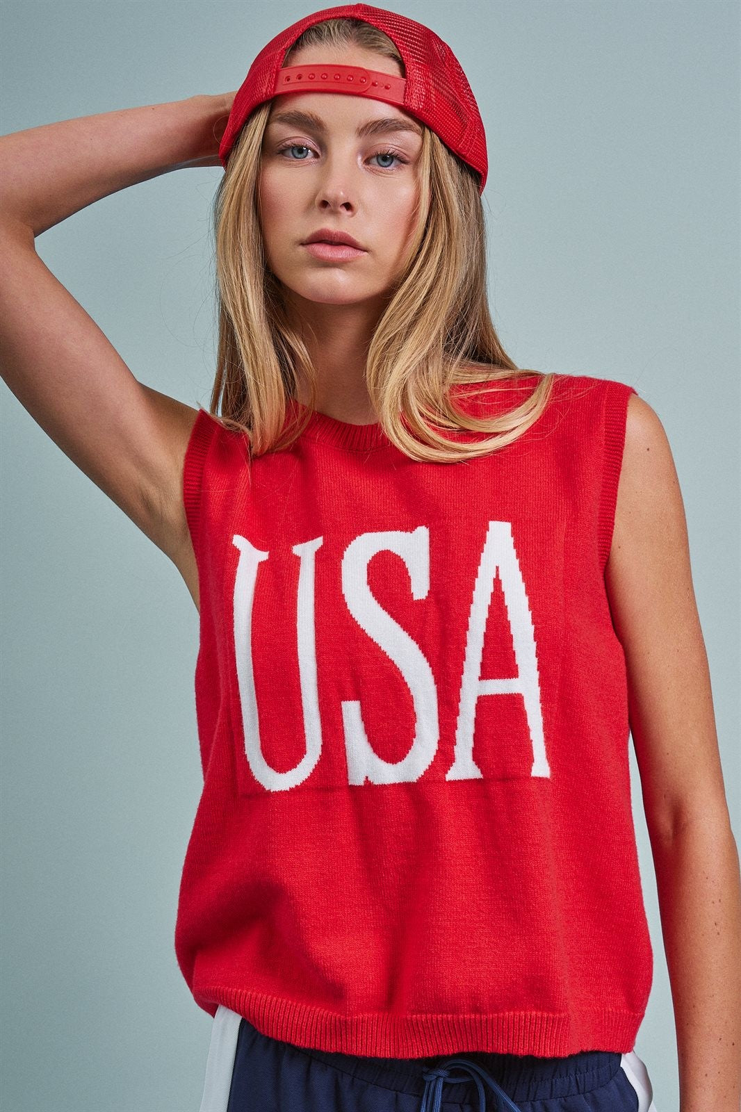 USA Graphic Knit Sleeveless Tank Top in Red - Women's Fashion | Urban Daizy