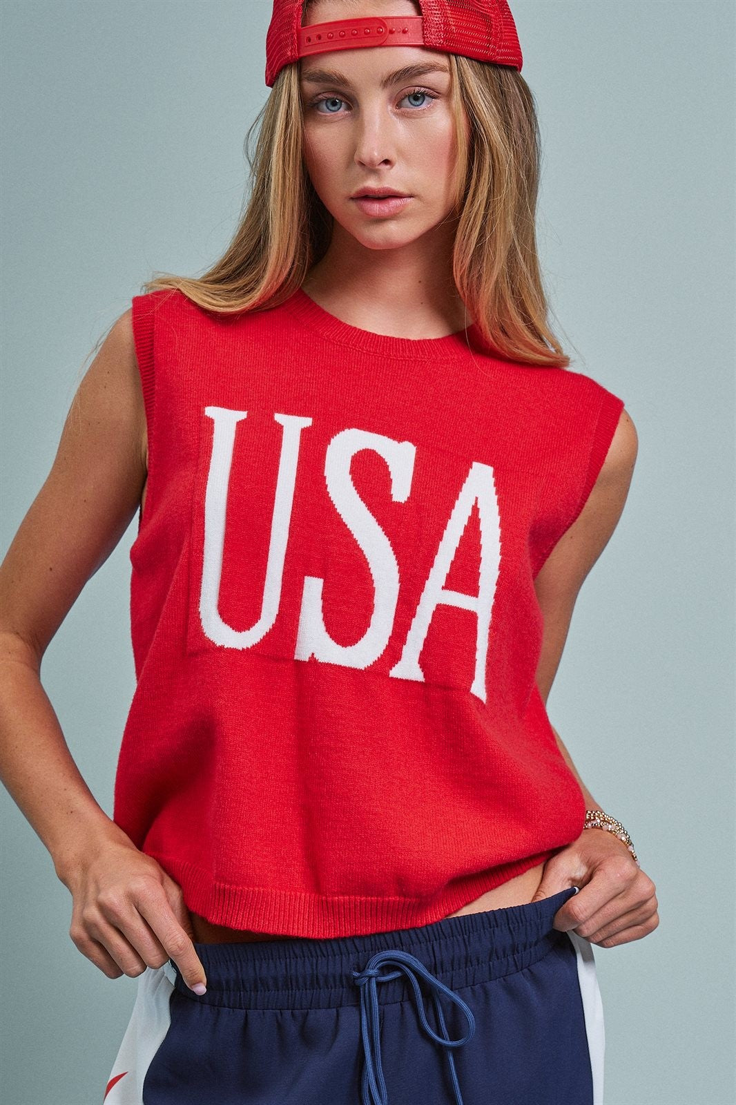 USA Graphic Knit Sleeveless Tank Top in Red - Women's Fashion | Urban Daizy