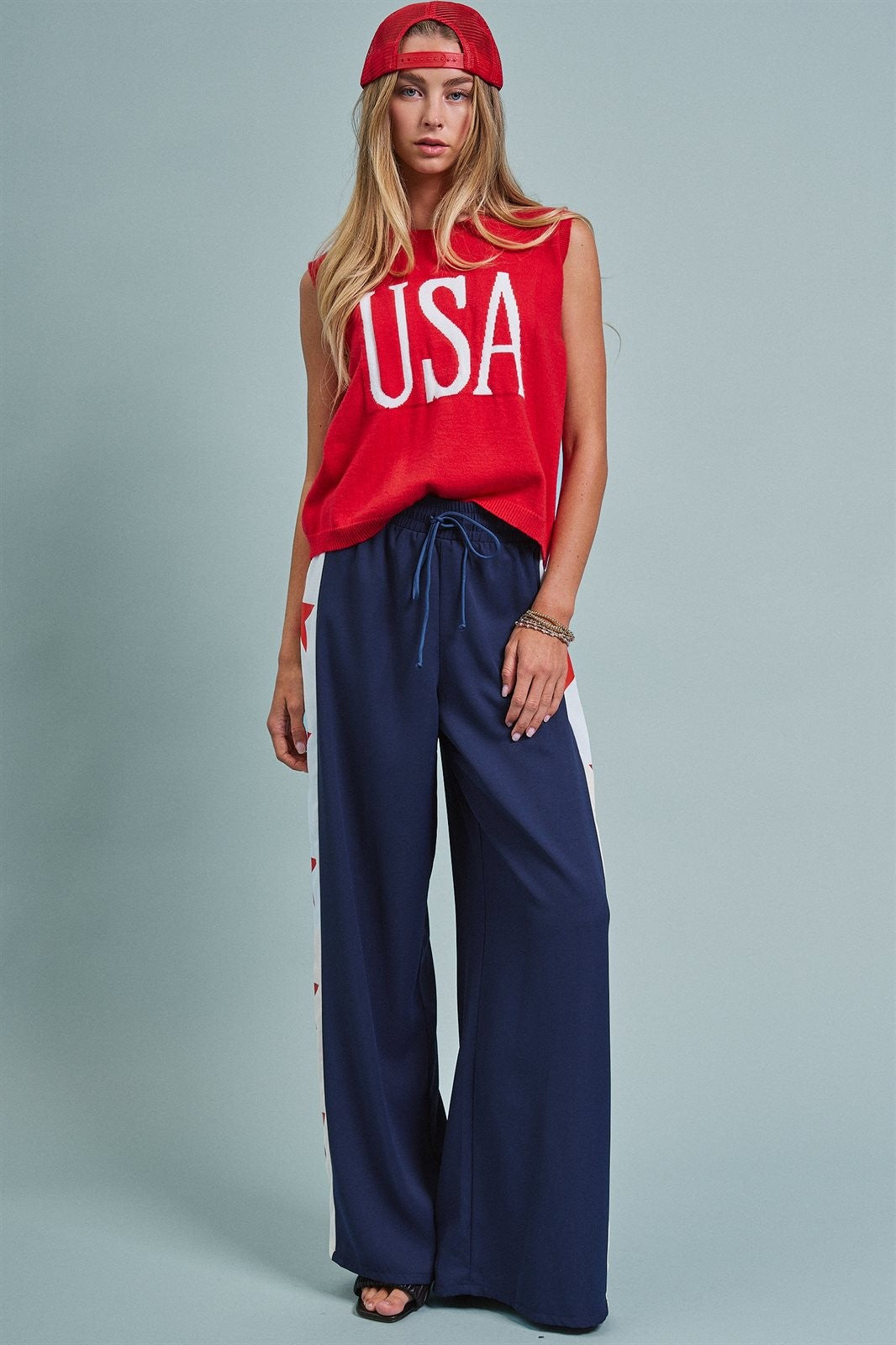 USA Graphic Knit Sleeveless Tank Top in Red - Women's Fashion | Urban Daizy