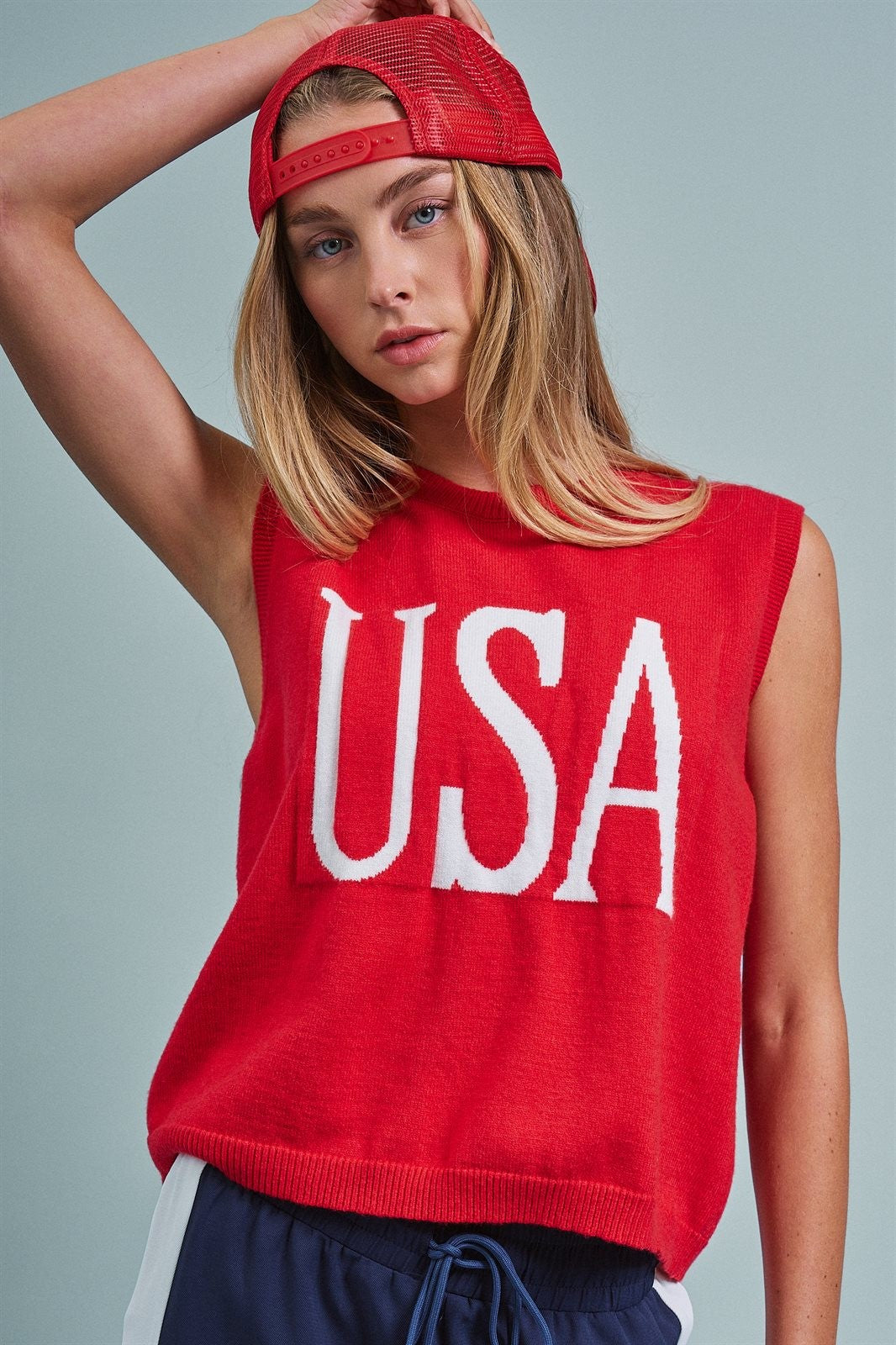 USA Graphic Knit Sleeveless Tank Top in Red - Women's Fashion | Urban Daizy