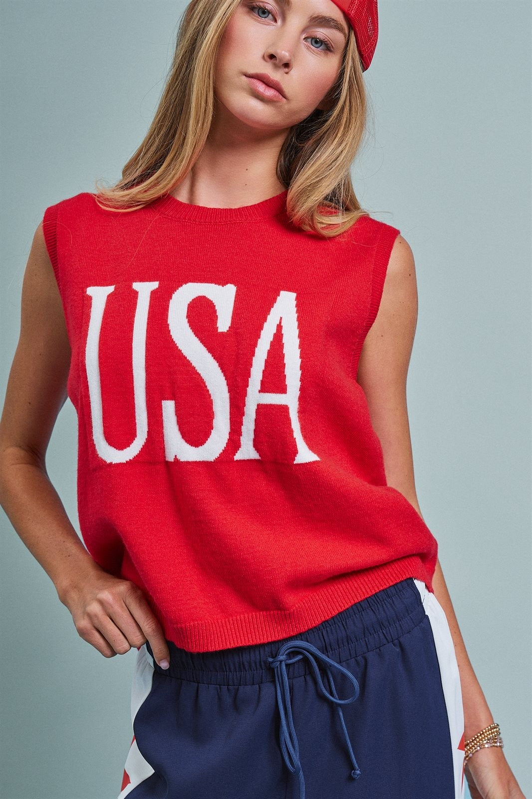 USA Graphic Knit Sleeveless Tank Top in Red - Women's Fashion | Urban Daizy