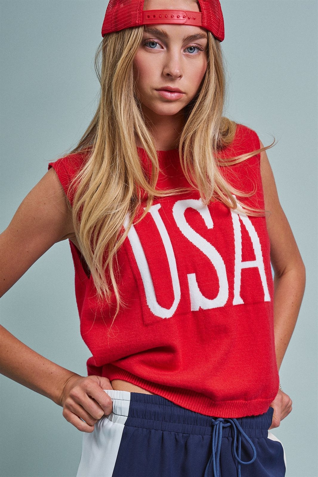 USA Graphic Knit Sleeveless Tank Top in Red - Women's Fashion | Urban Daizy