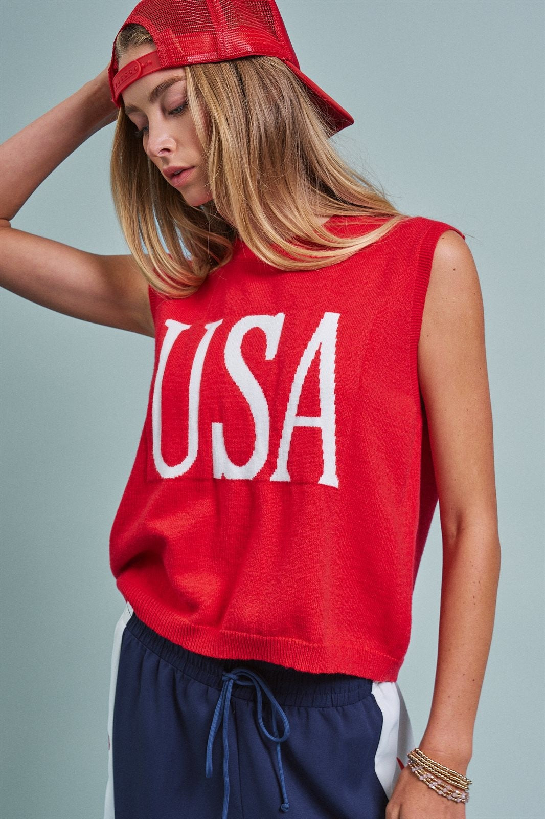 USA Graphic Knit Sleeveless Tank Top in Red - Women's Fashion | Urban Daizy