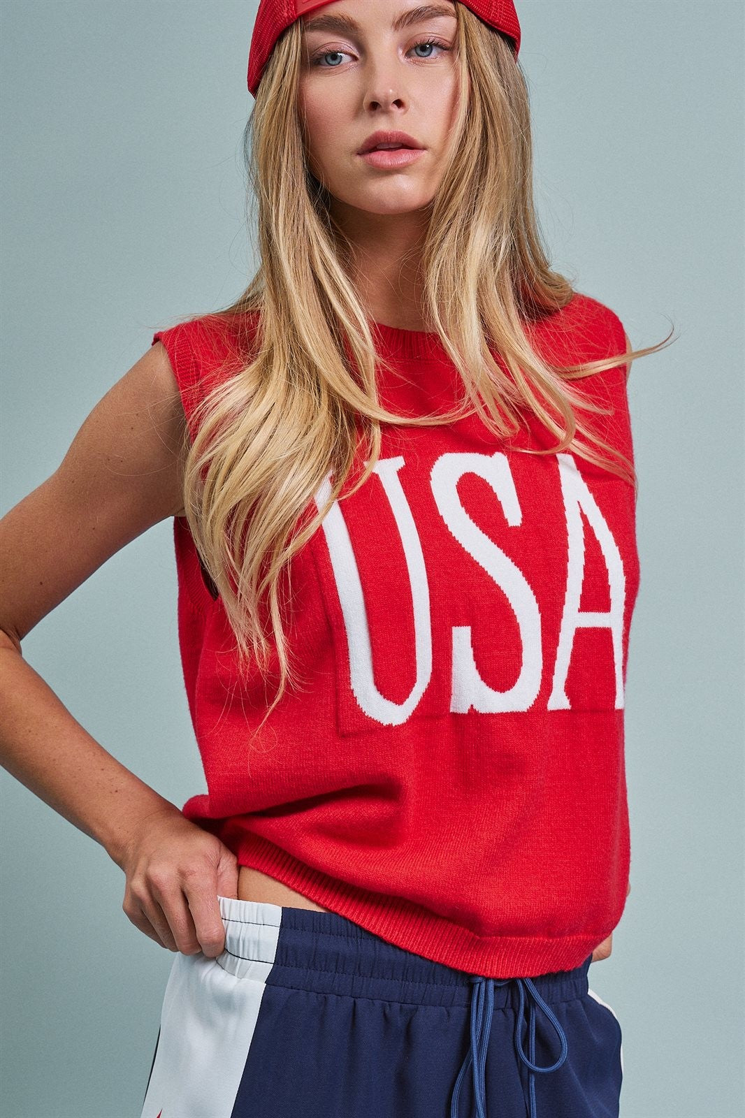 USA Graphic Knit Sleeveless Tank Top in Red - Women's Fashion | Urban Daizy