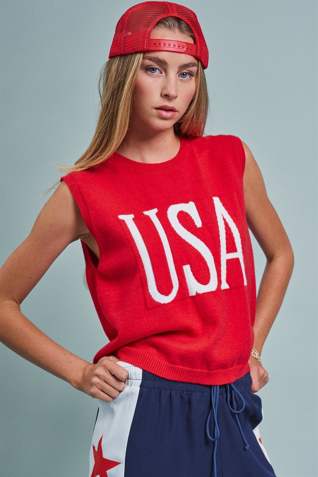 USA Graphic Knit Sleeveless Tank Top in Red - Women's Fashion | Urban Daizy