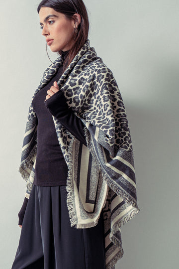 Leopard Border Knit Shawl with Fringe Trim