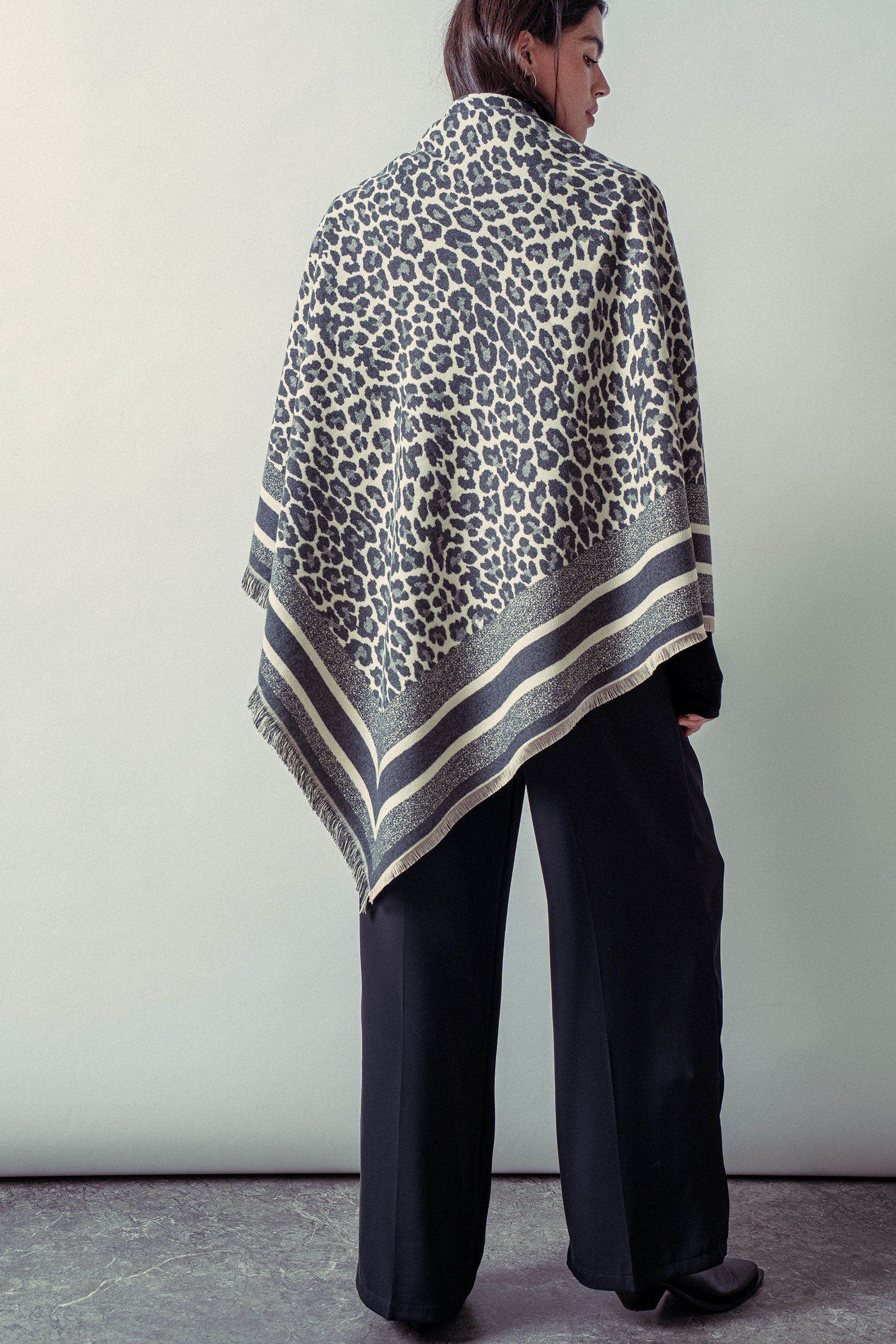 Leopard Border Knit Shawl in Grey - Women's Shawl | Urban Daizy