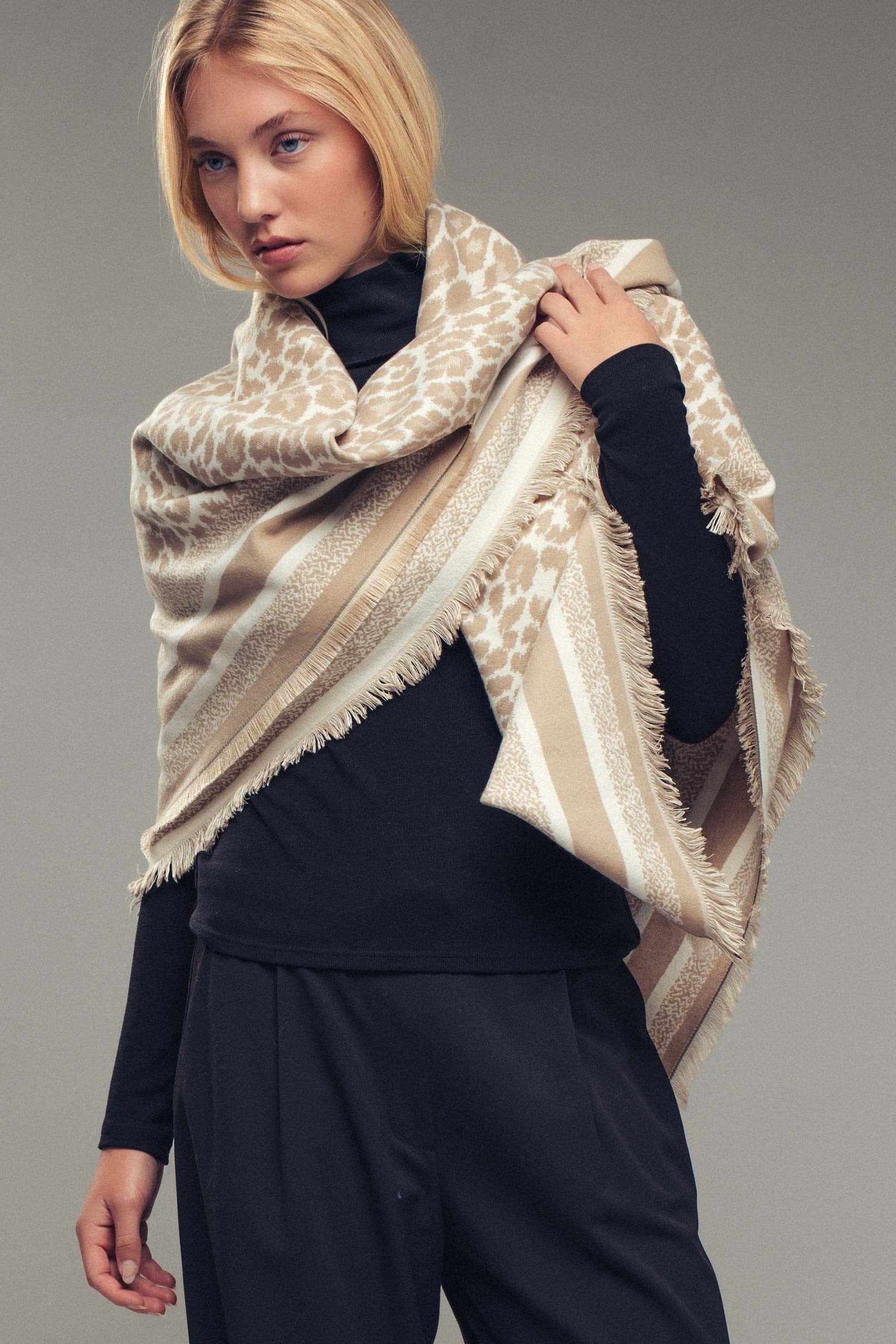 Leopard Border Knit Shawl in Khaki - Women's Shawl | Urban Daizy