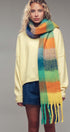 Oversized Checkered Fuzzy Fringe Scarf in Green Multi - Women's Long Scarves | Urban Daizy