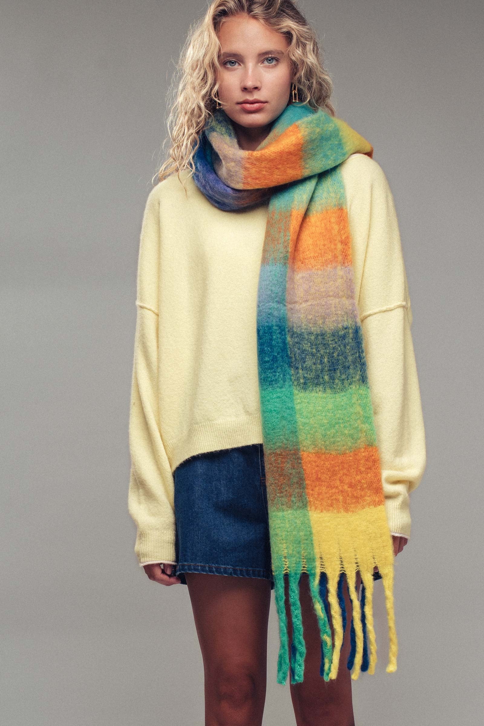 Oversized Checkered Fuzzy Fringe Scarf in Green Multi - Women's Long Scarves | Urban Daizy