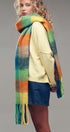 Oversized Checkered Fuzzy Fringe Scarf in Green Multi - Women's Long Scarves | Urban Daizy