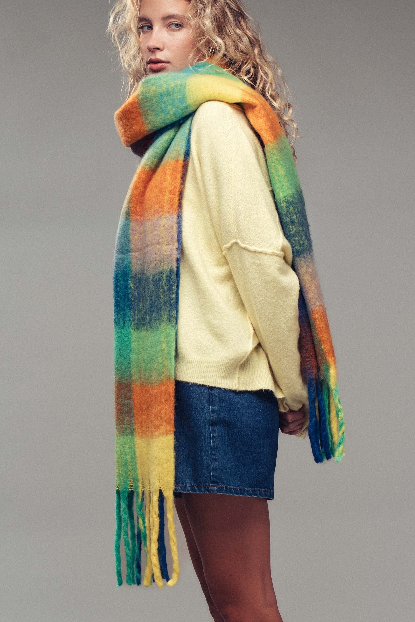 Oversized Checkered Fuzzy Fringe Scarf in Green Multi - Women's Long Scarves | Urban Daizy