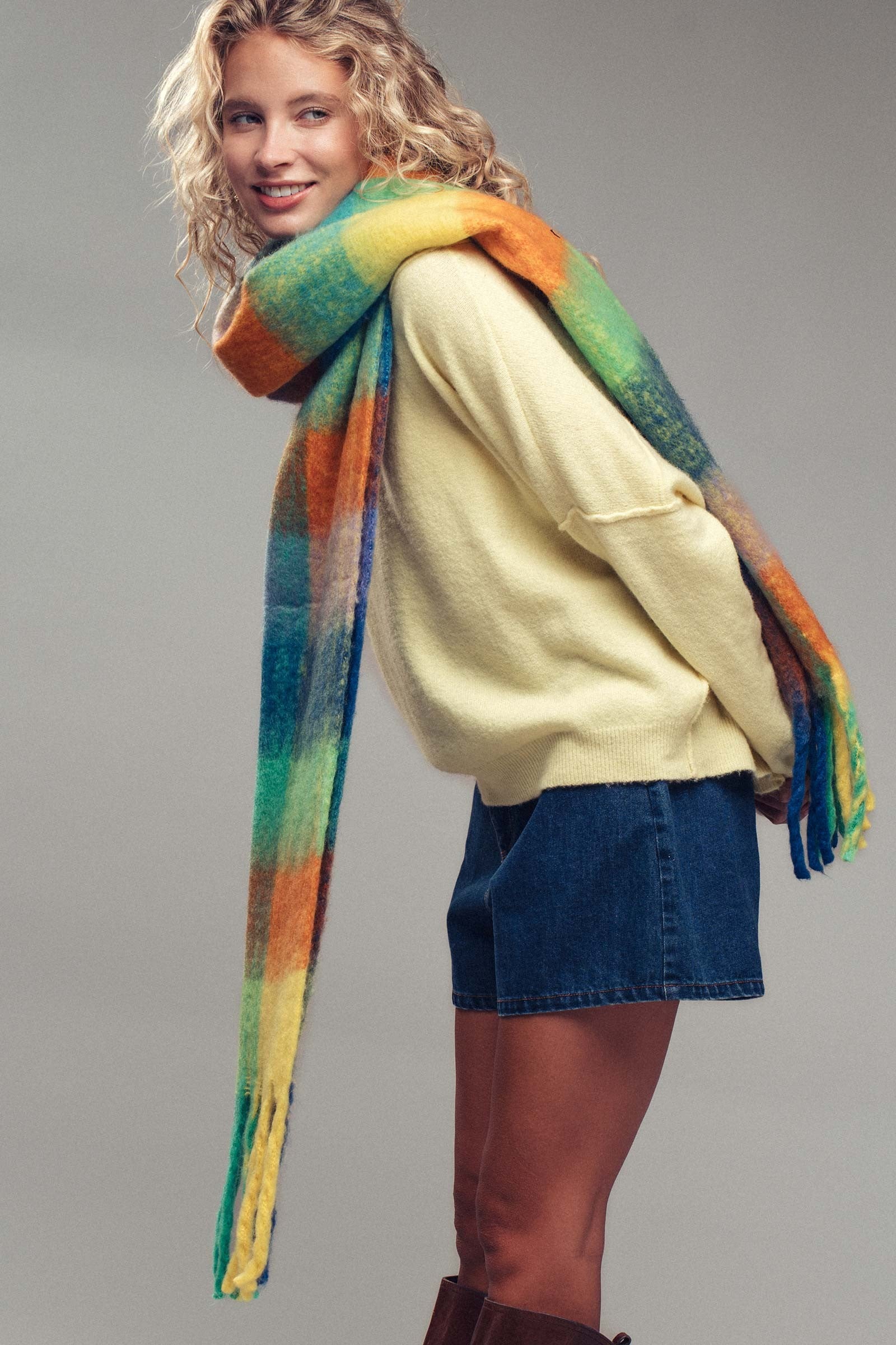 Oversized Checkered Fuzzy Fringe Scarf in Green Multi - Women's Long Scarves | Urban Daizy