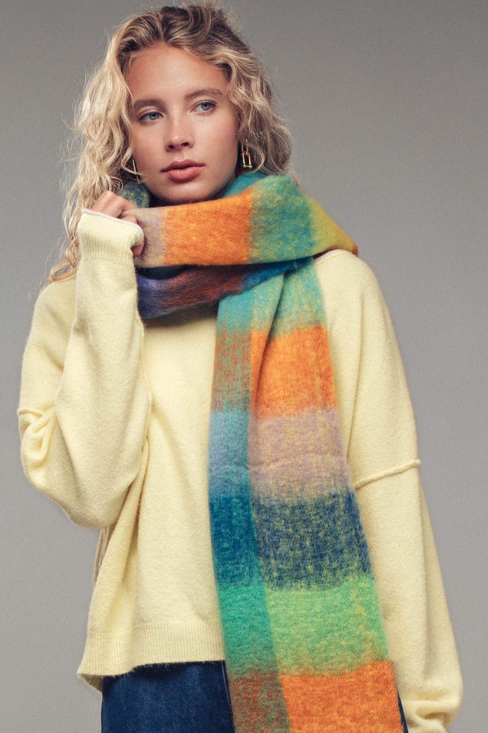 Oversized Checkered Fuzzy Fringe Scarf in Green Multi - Women's Long Scarves | Urban Daizy