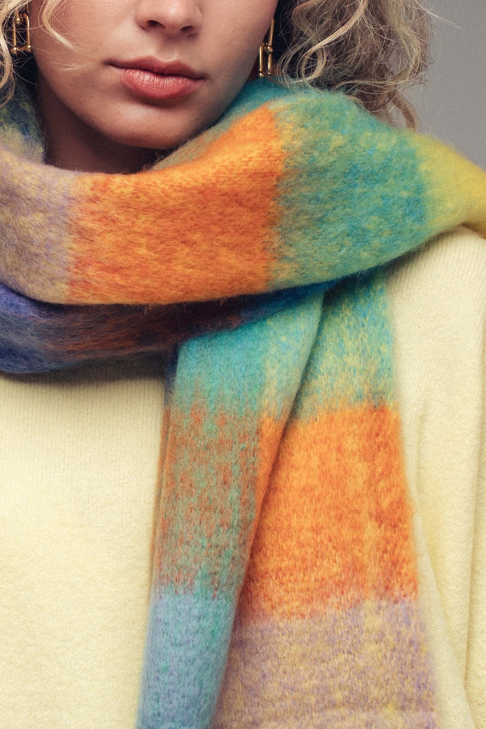 Oversized Checkered Fuzzy Fringe Scarf in Green Multi - Women's Long Scarves | Urban Daizy