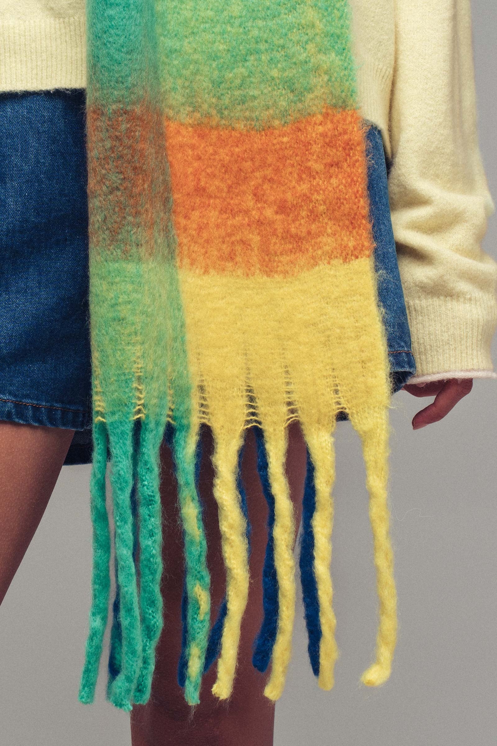 Oversized Checkered Fuzzy Fringe Scarf in Green Multi - Women's Long Scarves | Urban Daizy