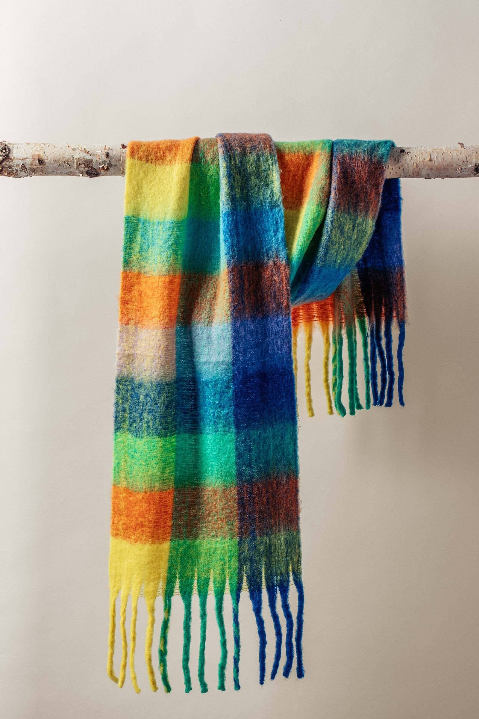 Oversized Checkered Fuzzy Fringe Scarf in Green Multi - Women's Long Scarves | Urban Daizy