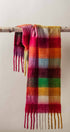 Oversized Checkered Fuzzy Fringe Scarf in Red Multi - Women's Long Scarves | Urban Daizy