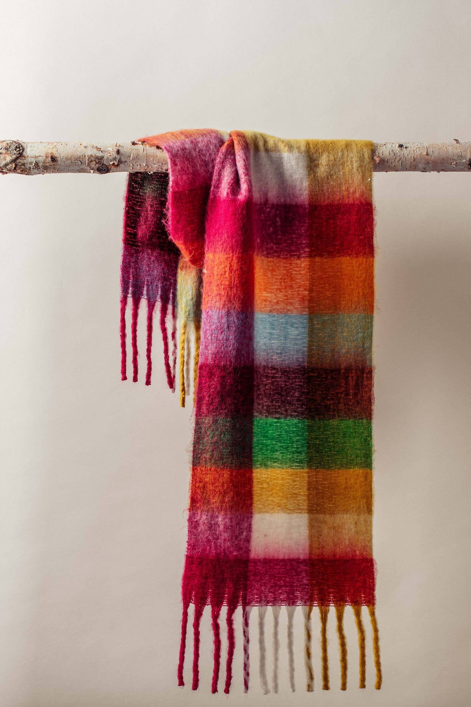 Oversized Checkered Fuzzy Fringe Scarf in Red Multi - Women's Long Scarves | Urban Daizy