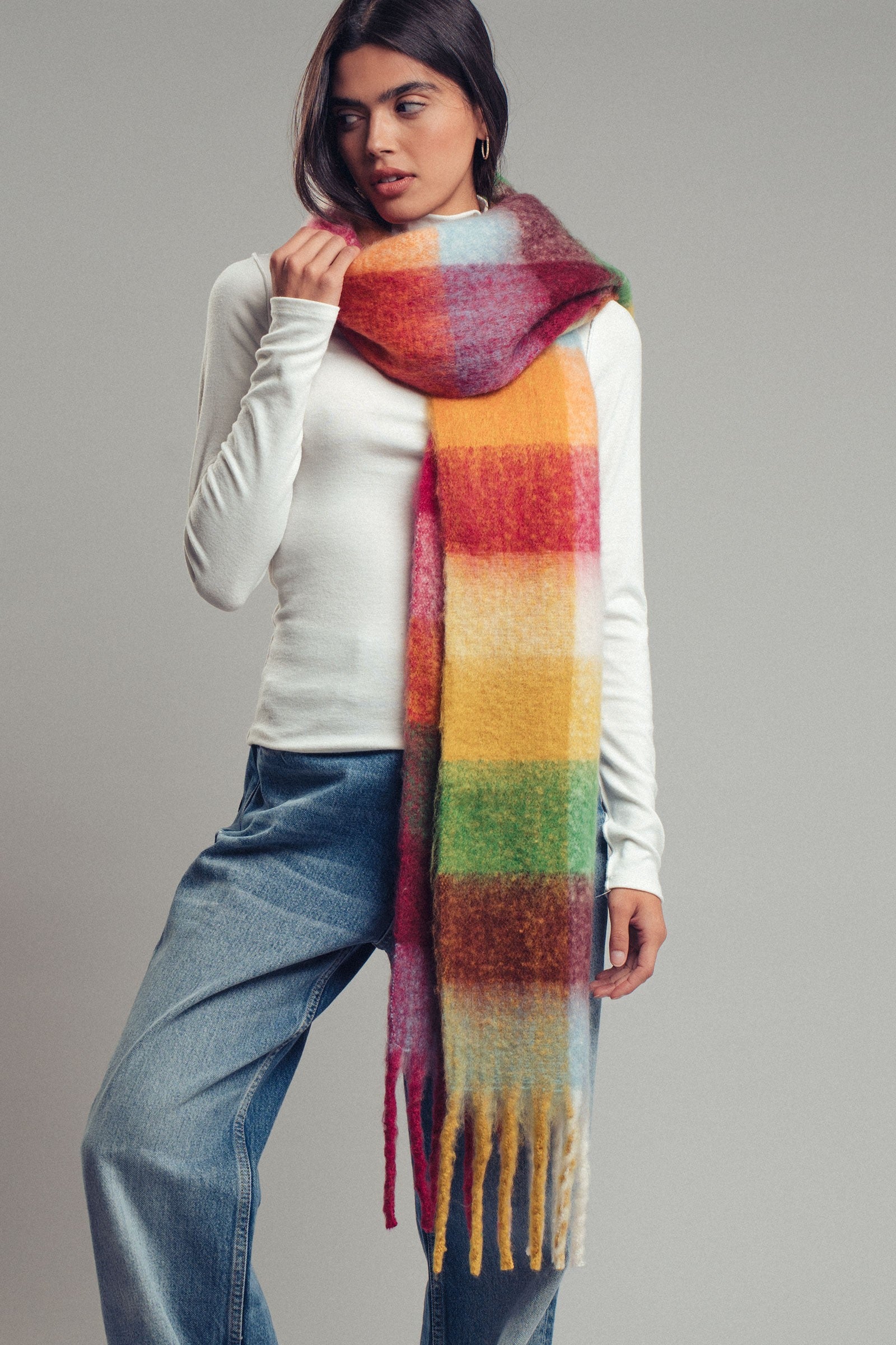 Oversized Checkered Fuzzy Fringe Scarf in Red Multi - Women's Long Scarves | Urban Daizy