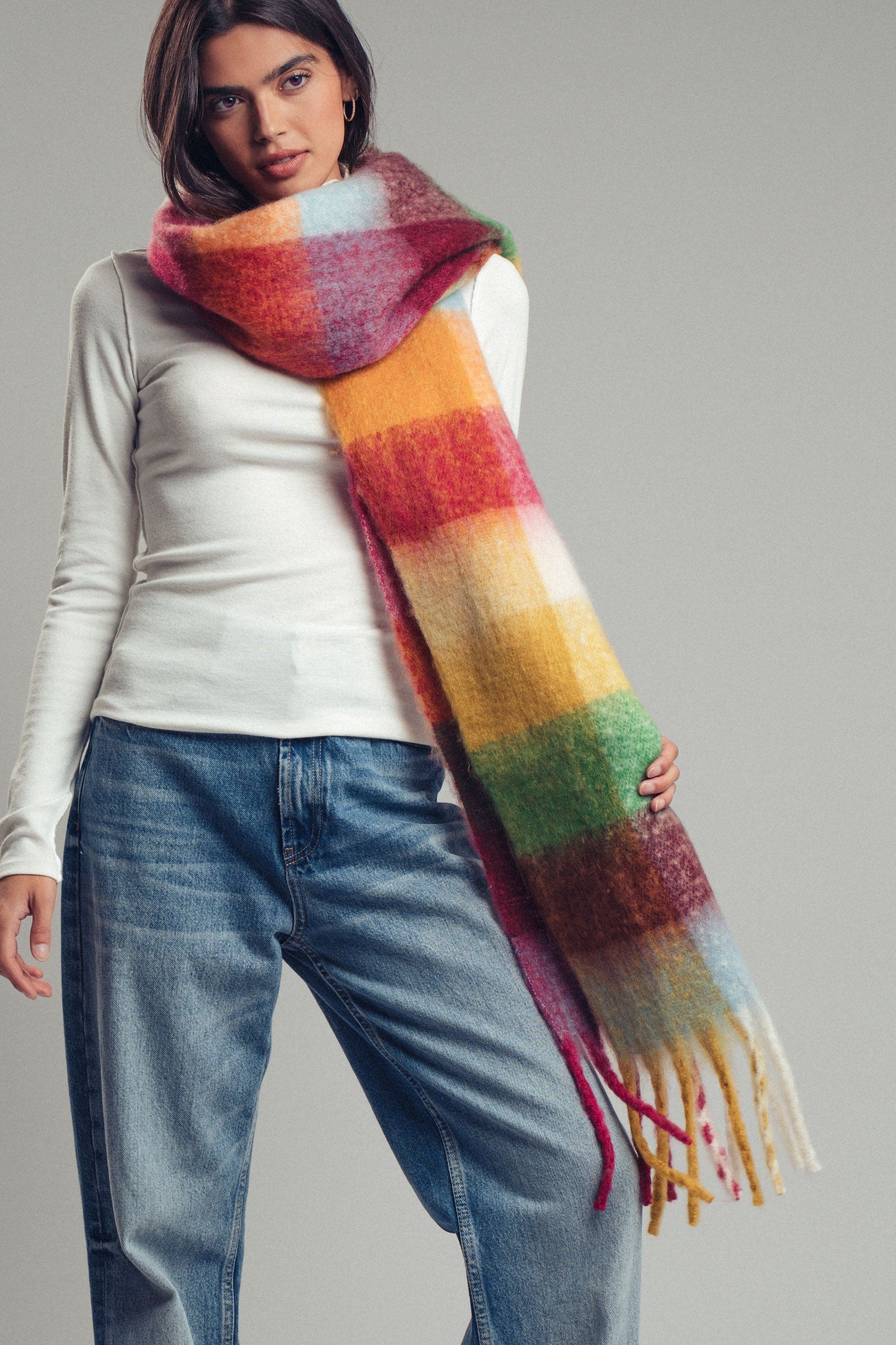 Oversized Checkered Fuzzy Fringe Scarf in Red Multi - Women's Long Scarves | Urban Daizy