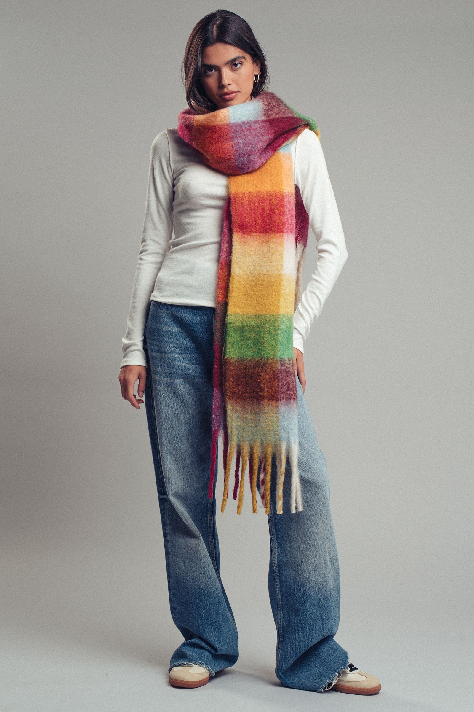 Oversized Checkered Fuzzy Fringe Scarf in Red Multi - Women's Long Scarves | Urban Daizy