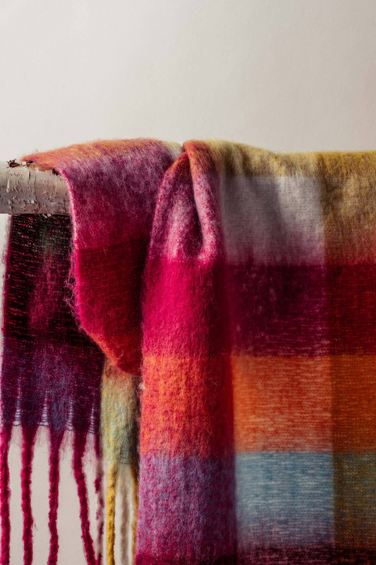 Oversized Checkered Fuzzy Fringe Scarf in Red Multi - Women's Long Scarves | Urban Daizy