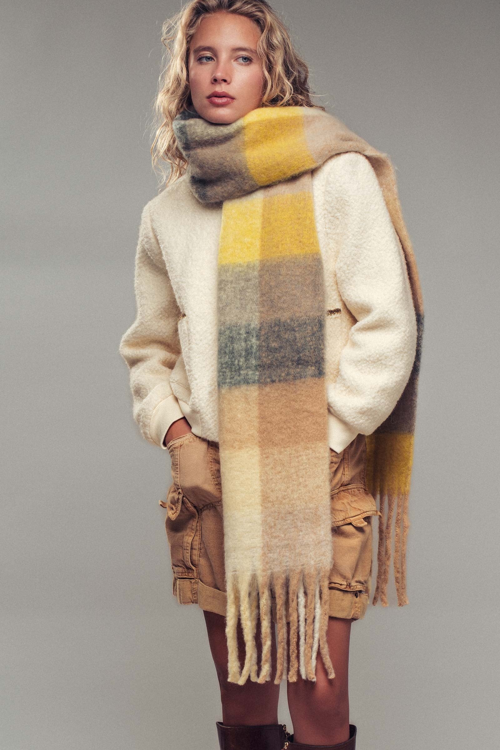 Oversized Checkered Fuzzy Fringe Scarf in Yellow Multi - Women's Long Scarves | Urban Daizy